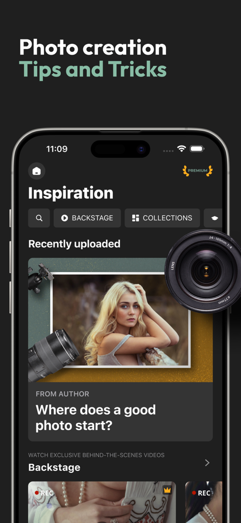 NYMF: Art Nude Female Beauty - Schermata di ispirazione dell'app NYMF che mostra suggerimenti e trucchi per la creazione di foto.