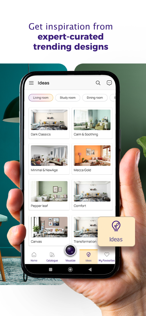 Colour with Asian Paints - A hand holding a smartphone displaying interior design ideas and room inspiration in the Colour with Asian Paints app