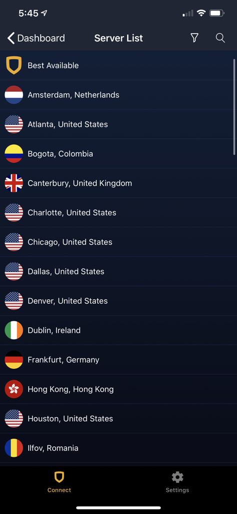 StrongVPN server list showing global connection locations and flags