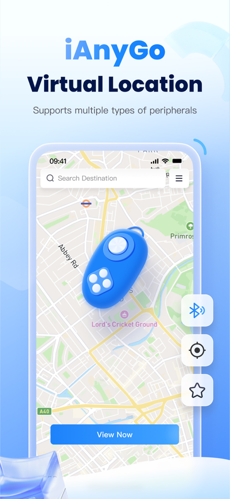 iAnyGo Virtual Location - iAnyGo Virtual Location app interface showing a map with a virtual joystick overlay for GPS location simulation.