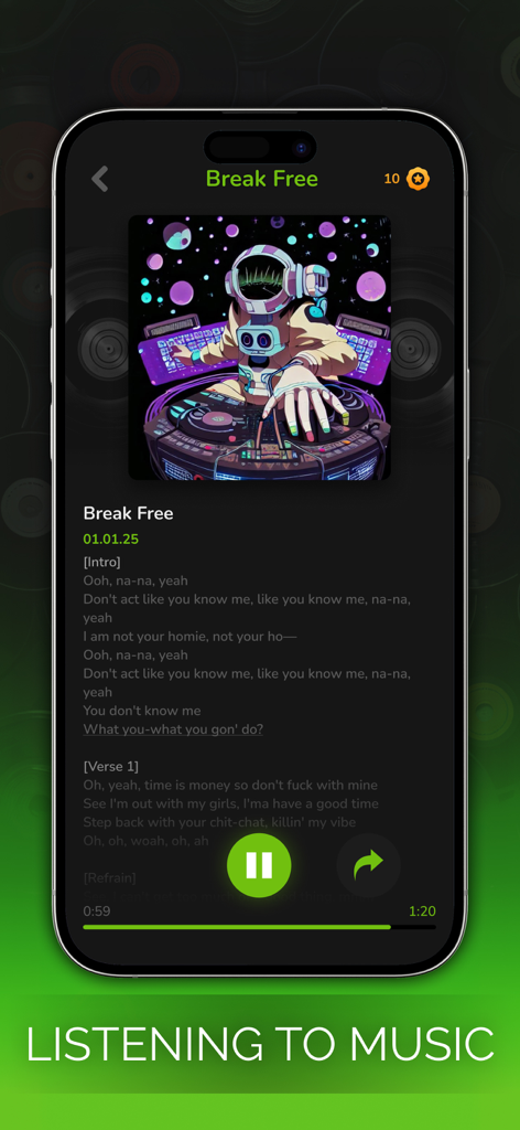 Smusi - AI Music Generator - Smusi AI music generator interface showing song playback with lyrics and custom album art