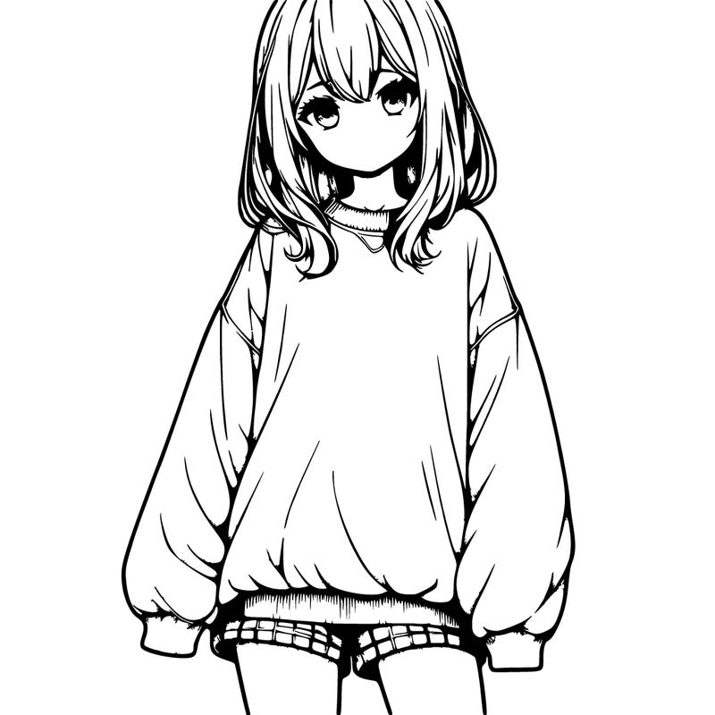 realistic manga girl wearing oversized sweatshirt and shorts
