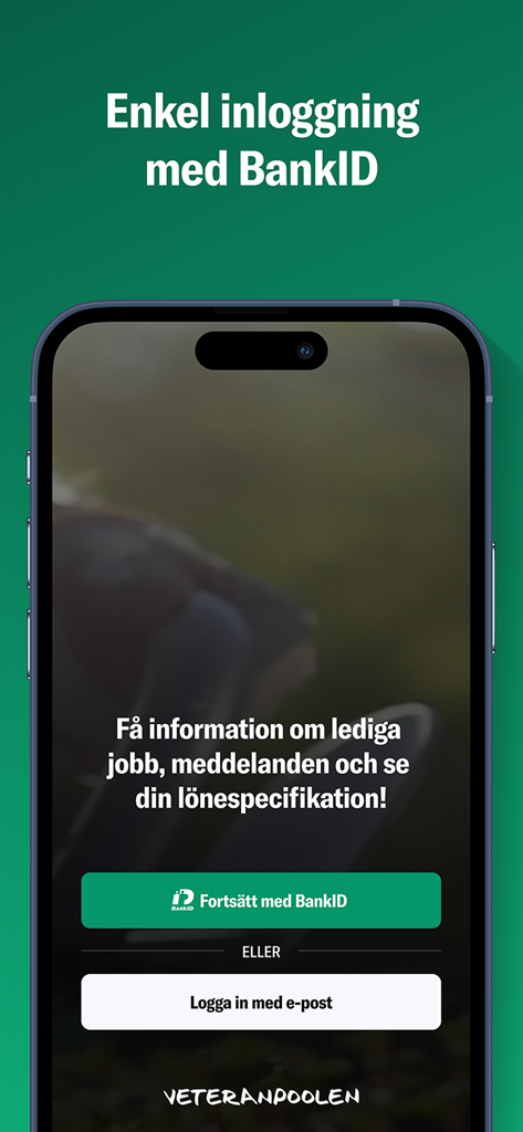 Veteranpoolen - Veteranpoolen login screen featuring options for BankID and email sign-in for service providers.