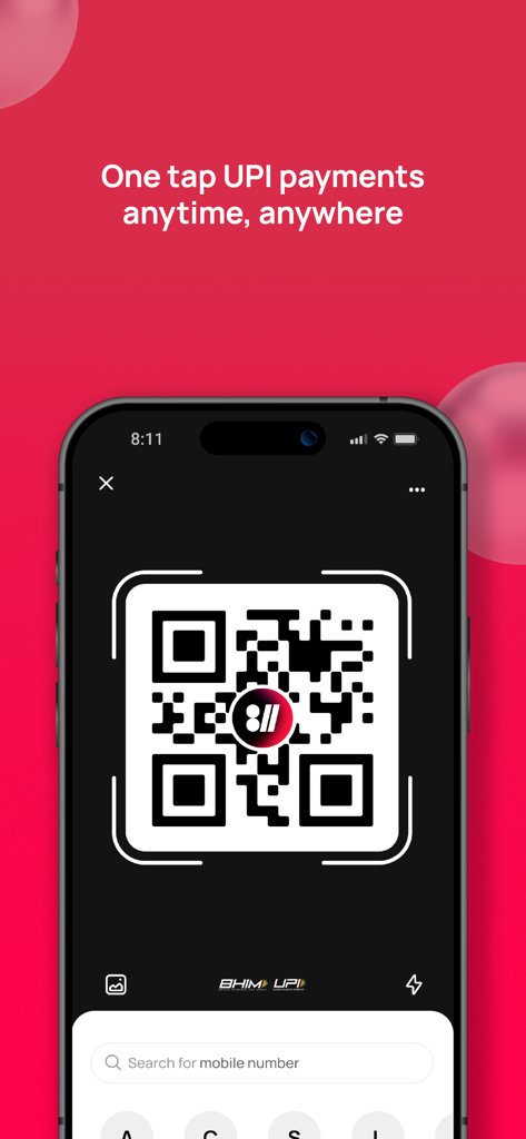 Kotak 811 mobile app interface showing a QR code for one tap UPI payments