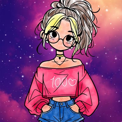 girl with a messy ponytail glasses a baggy crop top and jean shorts