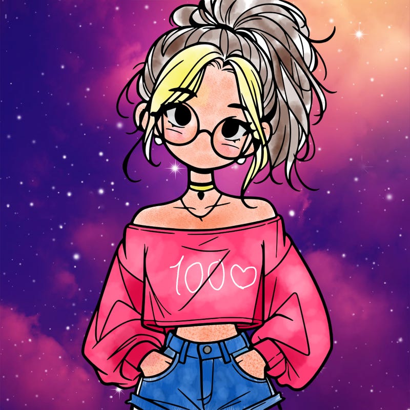 girl with a messy ponytail glasses a baggy crop top and jean shorts