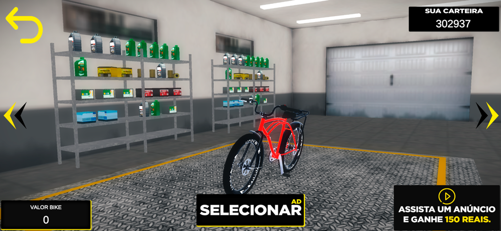 Bike Dichavadas - Brasil - A red bicycle in a garage customization menu for the mobile game Bike Dichavadas Brasil