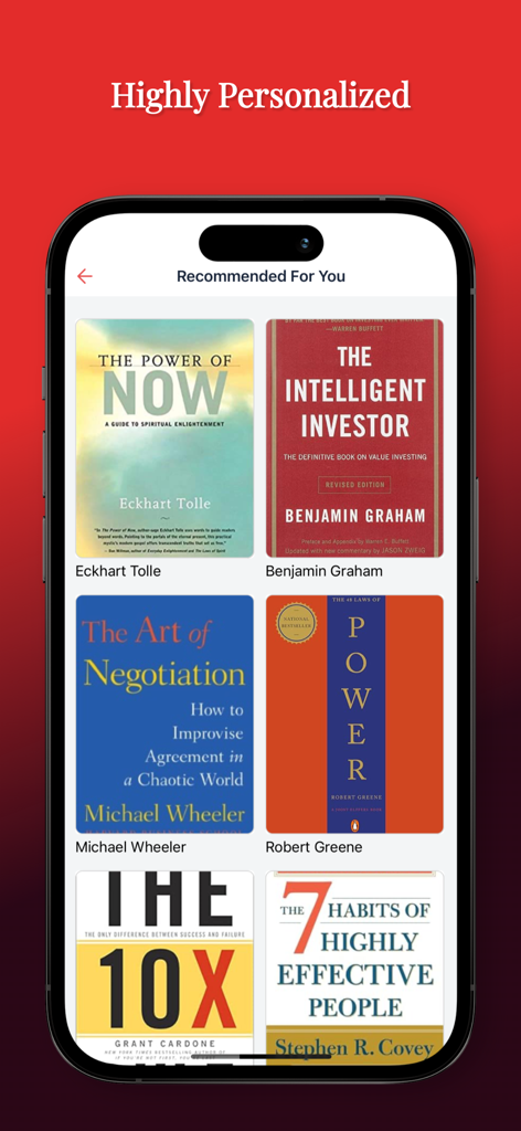 ReadBay App-Bildschirm mit personalisierten Buchempfehlungen wie Die Macht der Gegenwart und Der intelligente Investor