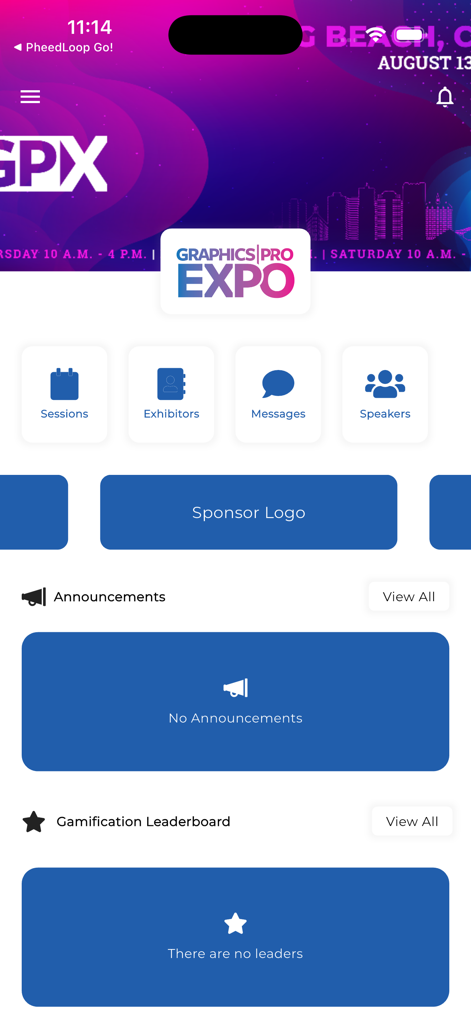 GRAPHICS PRO EXPO - Home screen of the Graphics Pro Expo app with menu icons for sessions and exhibitors