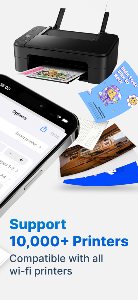 Smart Printer App: Scan Print - Interface do iPhone mostrando opções de impressão ao lado de uma impressora sem fio doméstica e documentos impressos
