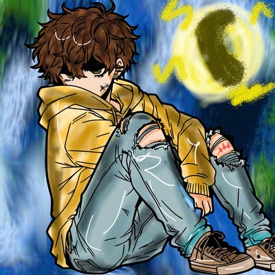 a male hoddie ripped jeans messy hair anime