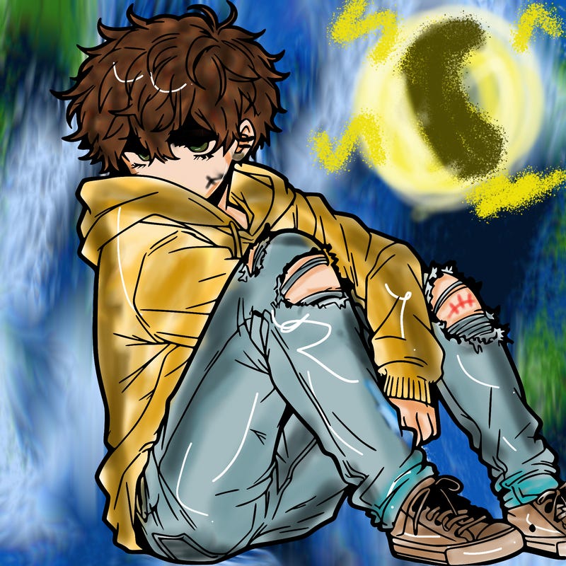 a male hoddie ripped jeans messy hair anime