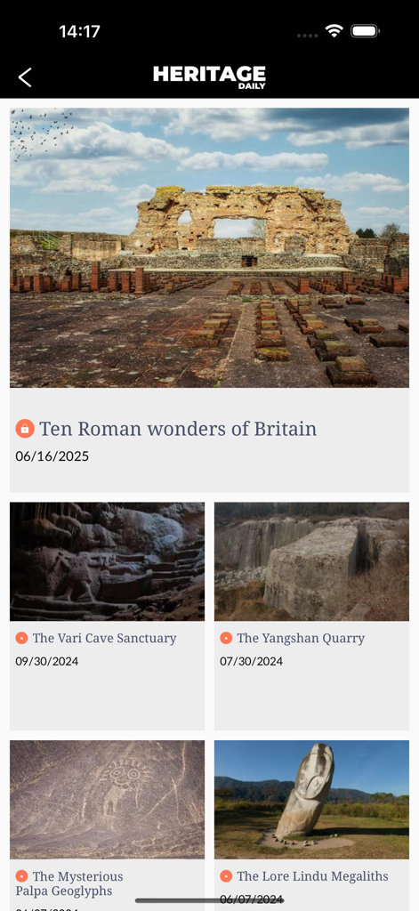 HeritageDaily Magazine - HeritageDaily app interface displaying archaeology articles including Roman wonders of Britain and ancient cave sanctuaries.