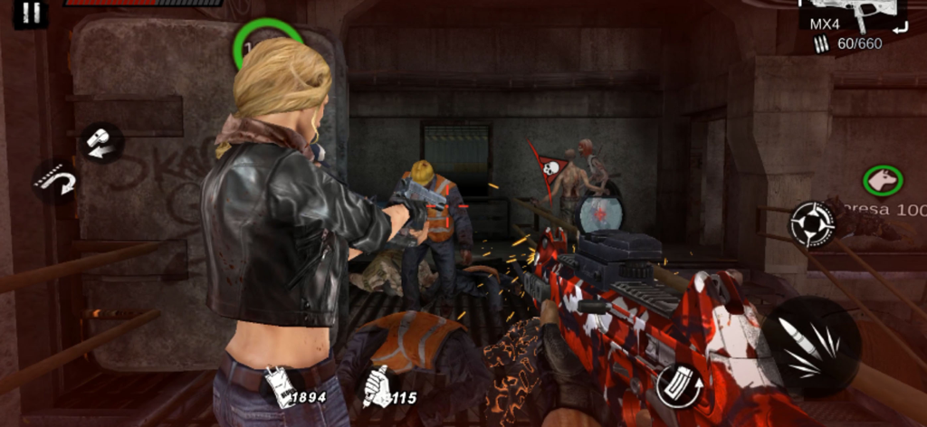 A first person shooter scene in Zombie Frontier 4 showing a survivor and a player aiming weapons at zombies in an industrial setting.