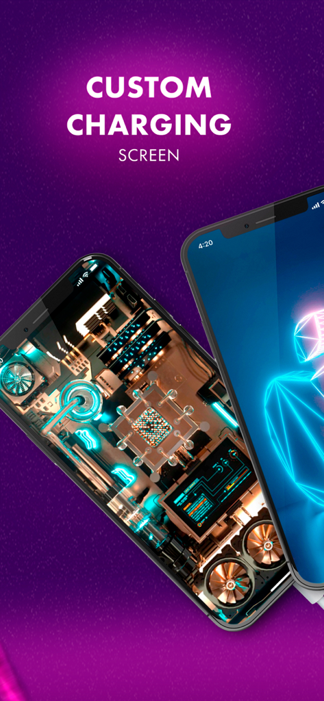 Two iPhones displaying custom charging screen animations with high-tech circuitry and neon geometric designs on a purple background