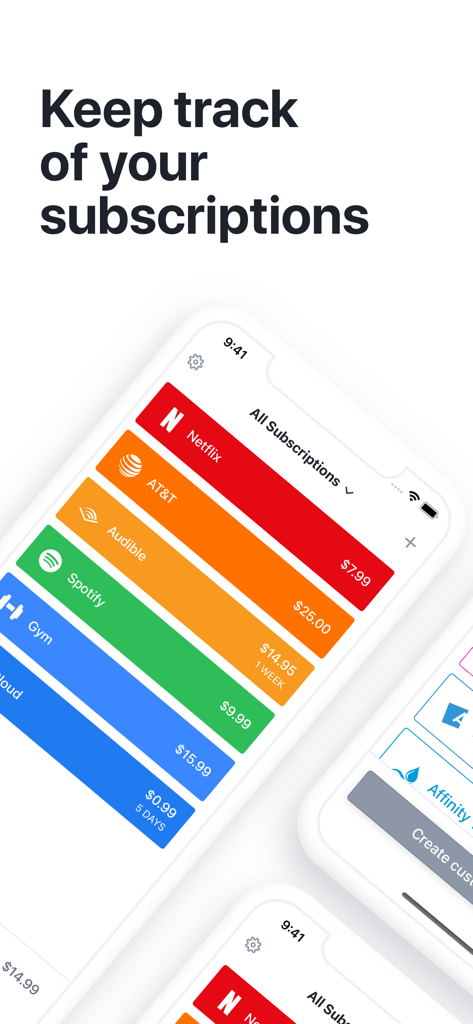 Bobby - Track subscriptions - Interfaz de la aplicación Bobby en un iPhone mostrando una lista de suscripciones y costes mensuales