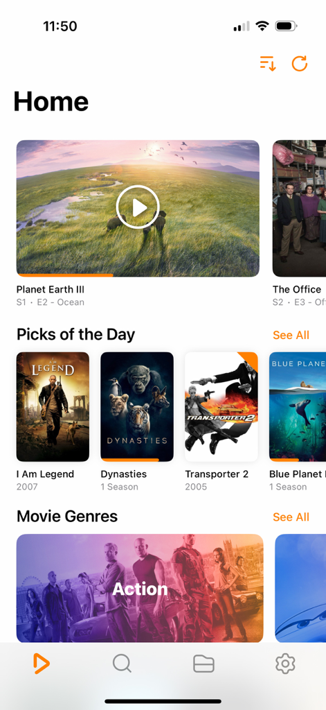Écran d'accueil de l'application Infuse affichant une bibliothèque de films avec des affiches et des genres