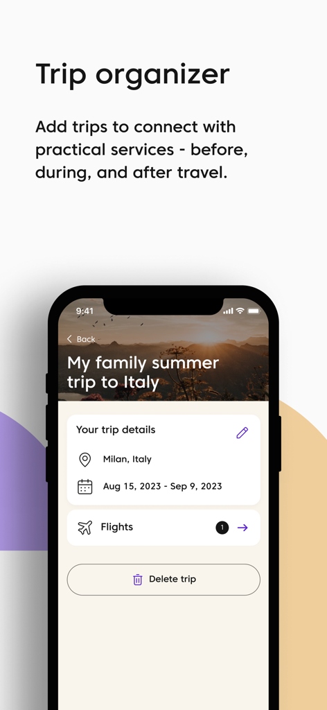 Allyz® - Allyz app trip organizer interface showing trip details for a family vacation to Italy.