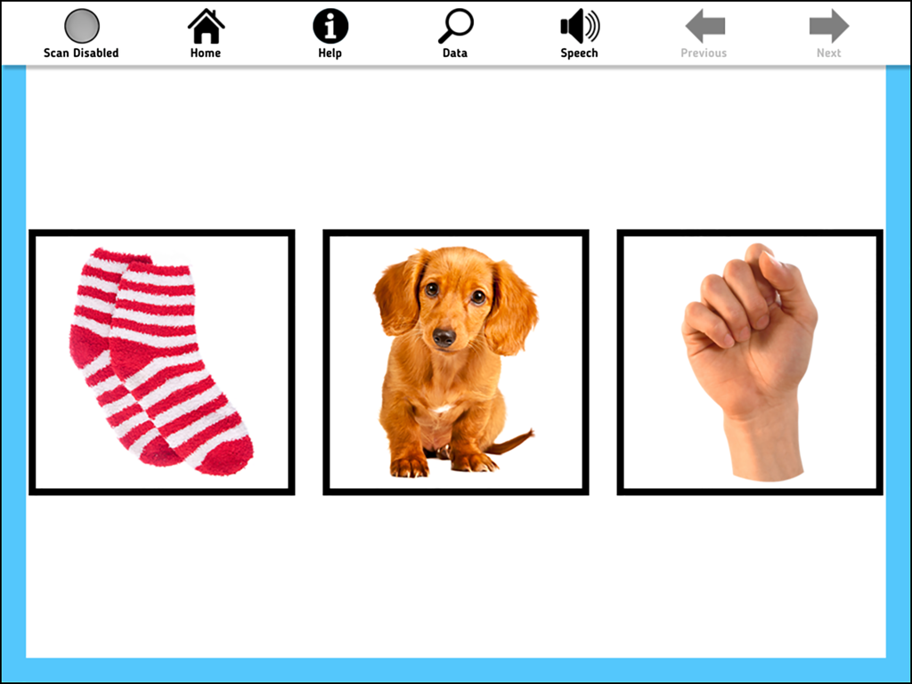 AAC Evaluation Genie - AAC Evaluation Genie interface displaying images of socks, a puppy, and a fist for assessment.