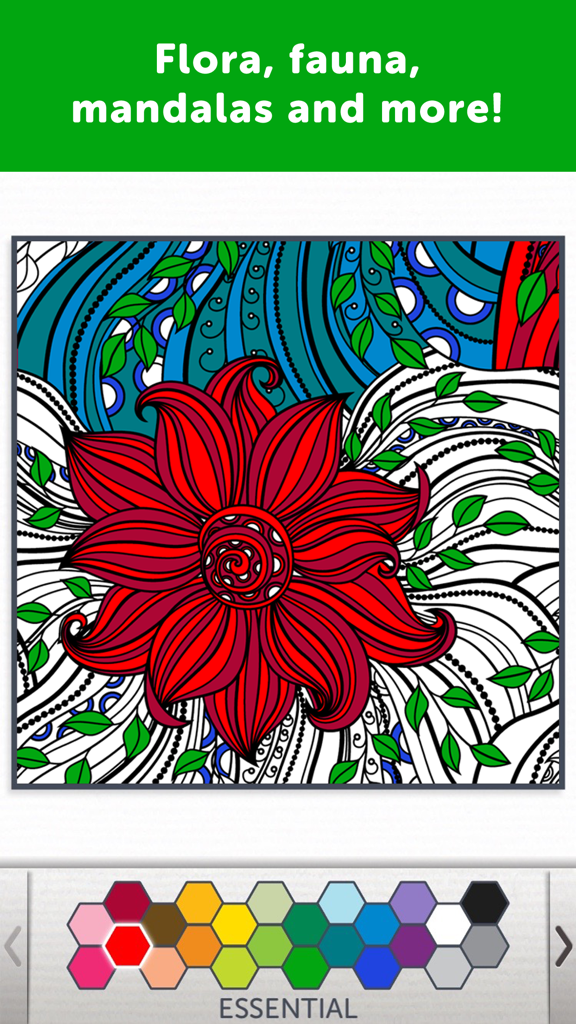 Adult Coloring Book - Coloring Book for Adults - Interface of a coloring app for adults showing a partially colored red flower and a hexagonal color palette