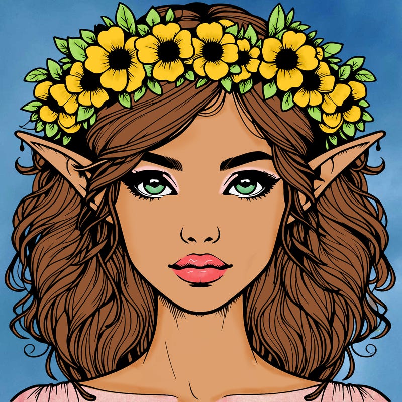 realistic female elf with flower crown