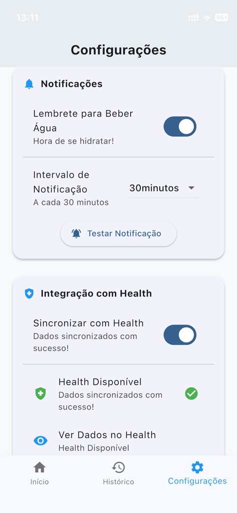 The settings interface of the Beba Agua app featuring notification reminders and Apple Health sync settings.
