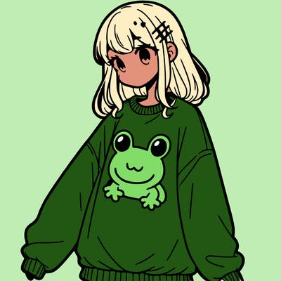 girl wearing frogging sweatshirt
