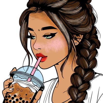 realistic girl drinking boba tea with braided hair