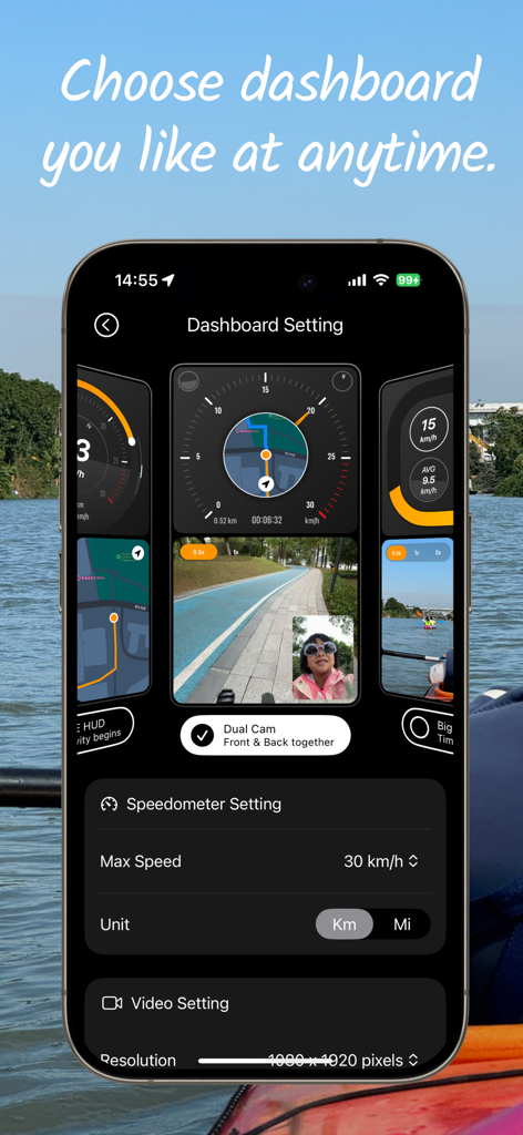 CycleHUD - speed route tracker - Tela do iPhone exibindo opções de personalização do painel CycleHUD e configurações de câmera dupla.