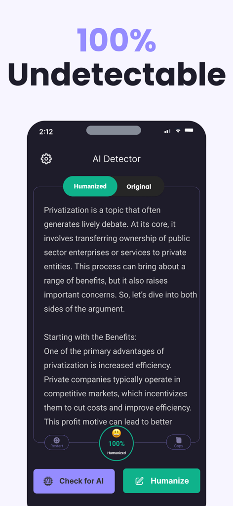 Human AI: Humanize AI Checker - Smartphone screen showing Human AI app with a 100 percent humanized text score