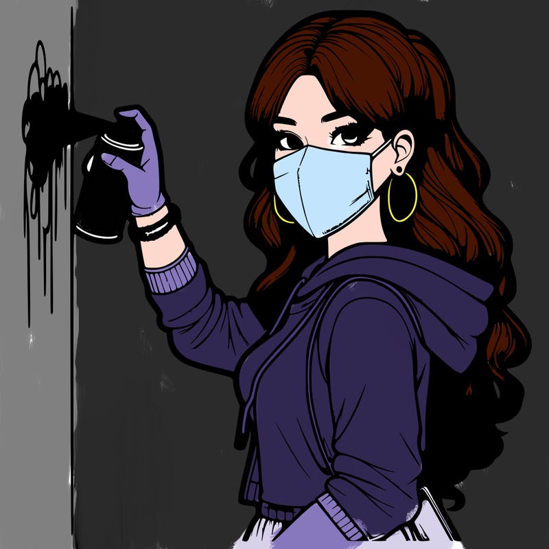 realistic girl with mask spray painting a wall