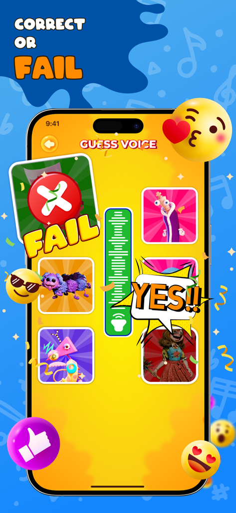 Schermata di gioco dell'app Guess Sound Monster Voice che mostra la selezione del personaggio mostro e i risultati