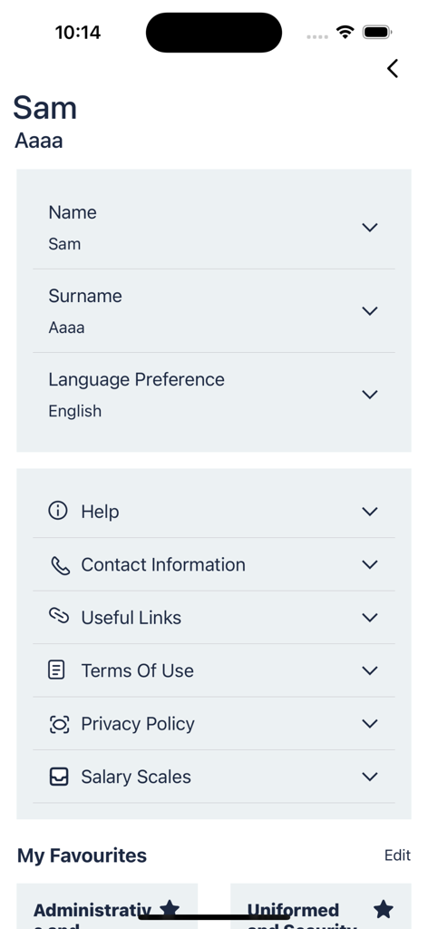 Join the Public Service - User profile interface of the Join the Public Service app displaying account settings and information links