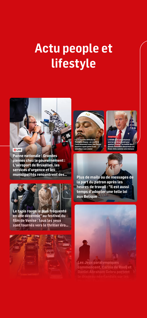 Interface de l'application 7sur7 présentant des articles sur l'actualité des célébrités et le style de vie