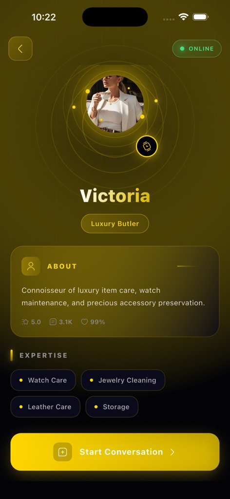 Profilseite von Victoria, der KI-Expertin für Luxus-Butler, in der Zooka App