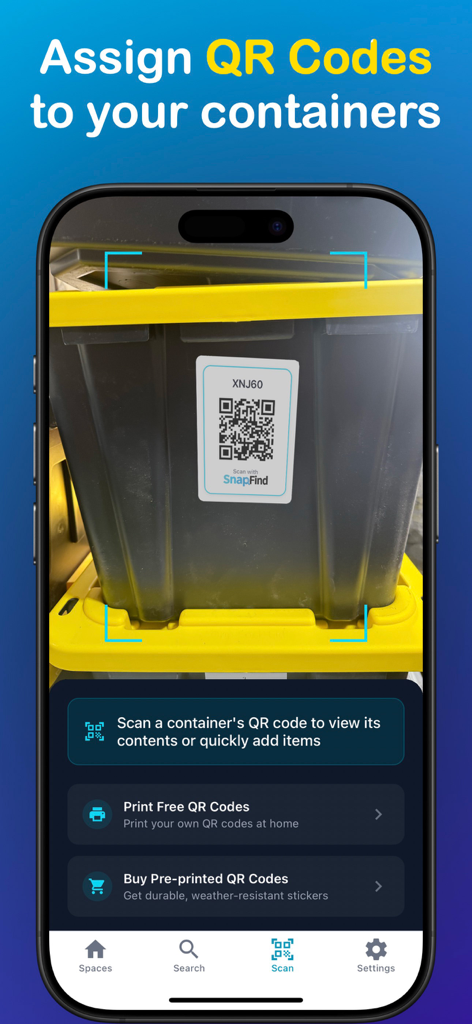 SnapFind app scanning a QR code on a storage container to view and organize its contents