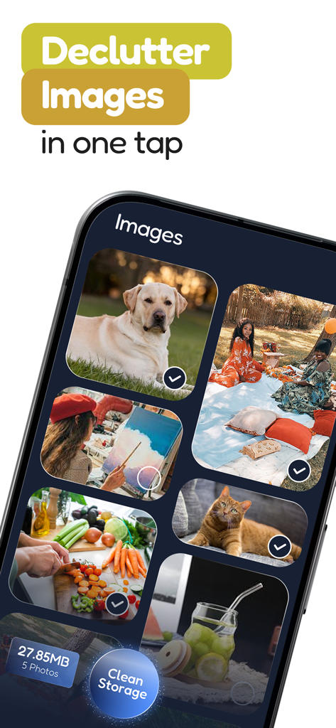 Phone Clean Up - Speed Clean - Interfaz de la aplicación Phone Clean Up que muestra una galería de fotos con imágenes seleccionadas para eliminar y un botón de almacenamiento limpio