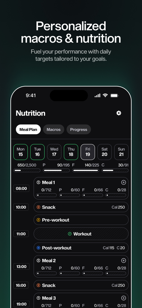MARCHON TRAINING - Tela de nutrição do aplicativo MARCHON TRAINING mostrando planos de refeição personalizados e rastreamento de macros para fitness de alto desempenho.