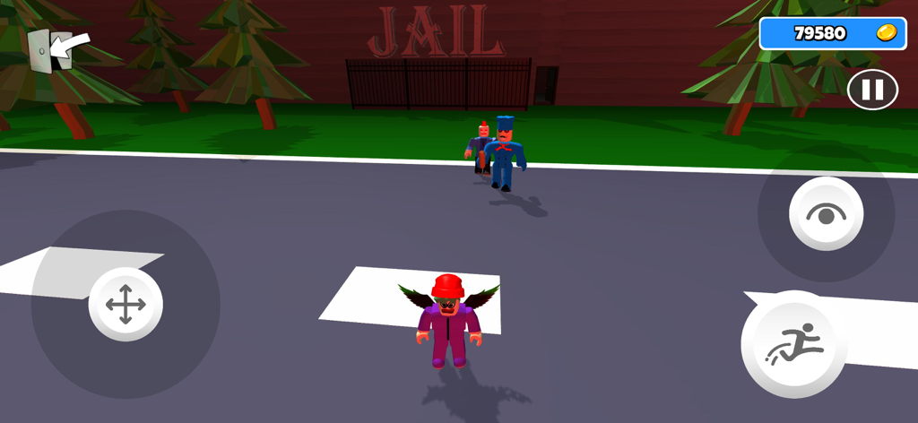 Escape Obby Prison - A character in a purple jumpsuit running away from a scary guard outside a jail in the Escape Obby Prison game.