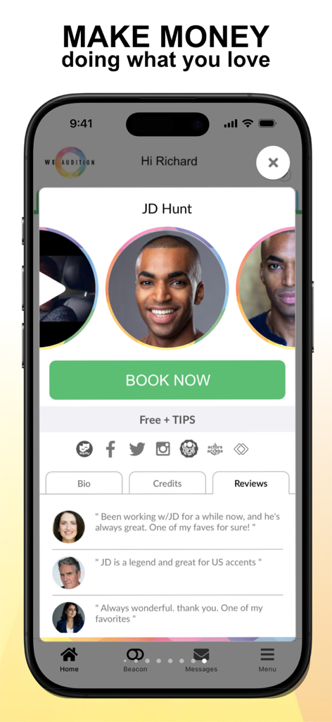 WeAudition app interface showing a professional reader profile with positive reviews and a booking button