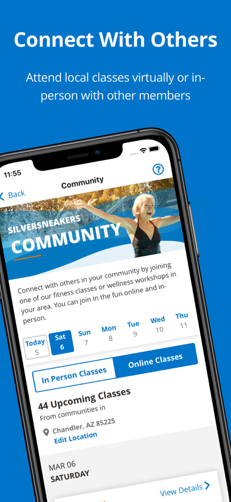 Interface of the SilverSneakers GO app showing community fitness classes for seniors