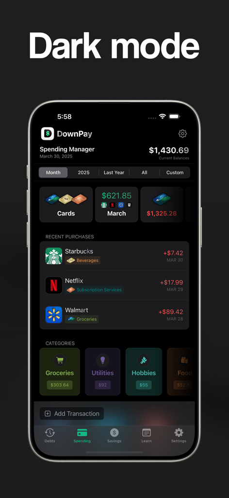 Interfaz del gestor de gastos de la aplicación DownPay en modo oscuro que muestra el historial de transacciones y las categorías de presupuesto.