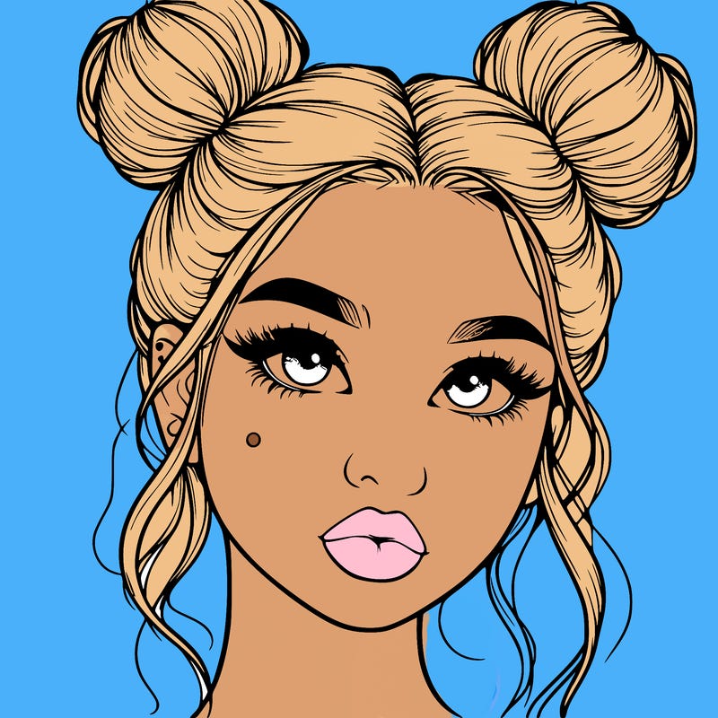 realistic girl with two buns on her hair and lips