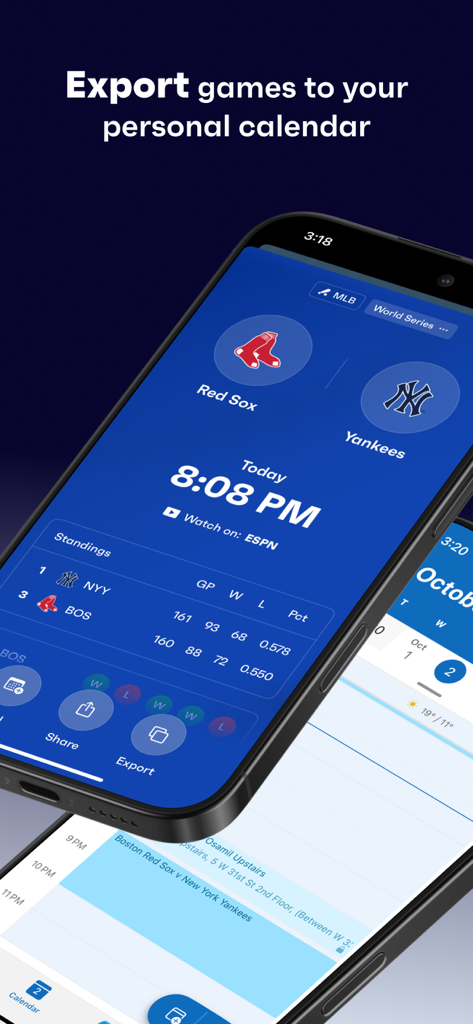 Ein Handybildschirm, der die Fixtured App mit einem Baseballspiel zwischen den Red Sox und Yankees und einer Option zum Exportieren des Ereignisses in einen persönlichen Kalender zeigt