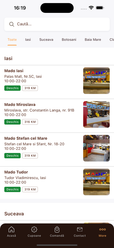 List of MADO restaurant locations with addresses and opening hours