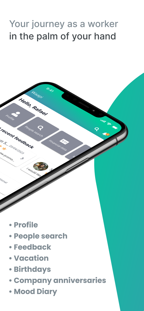 Waapi - Waapi app interface on a smartphone showing HR features like profile, people search, and financial data