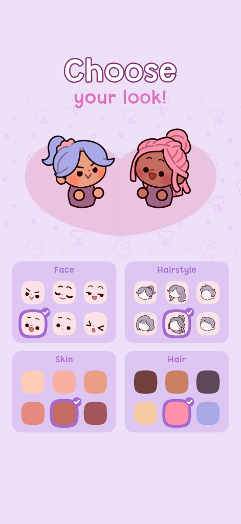 Adorable Garden - Menú de personalización de avatar en Adorable Garden con opciones para rostro, peinado, tono de piel y color de cabello
