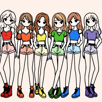 a group of girls wearing crop tops and shorts