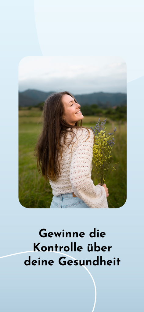 FEMNA Care - A woman smiling in a field holding flowers with German text meaning gain control over your health