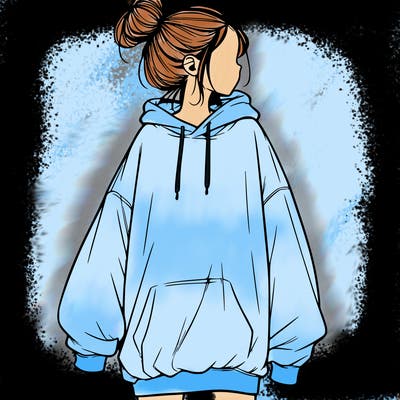 realistic girl with a oversized sweatshirt on and a bun